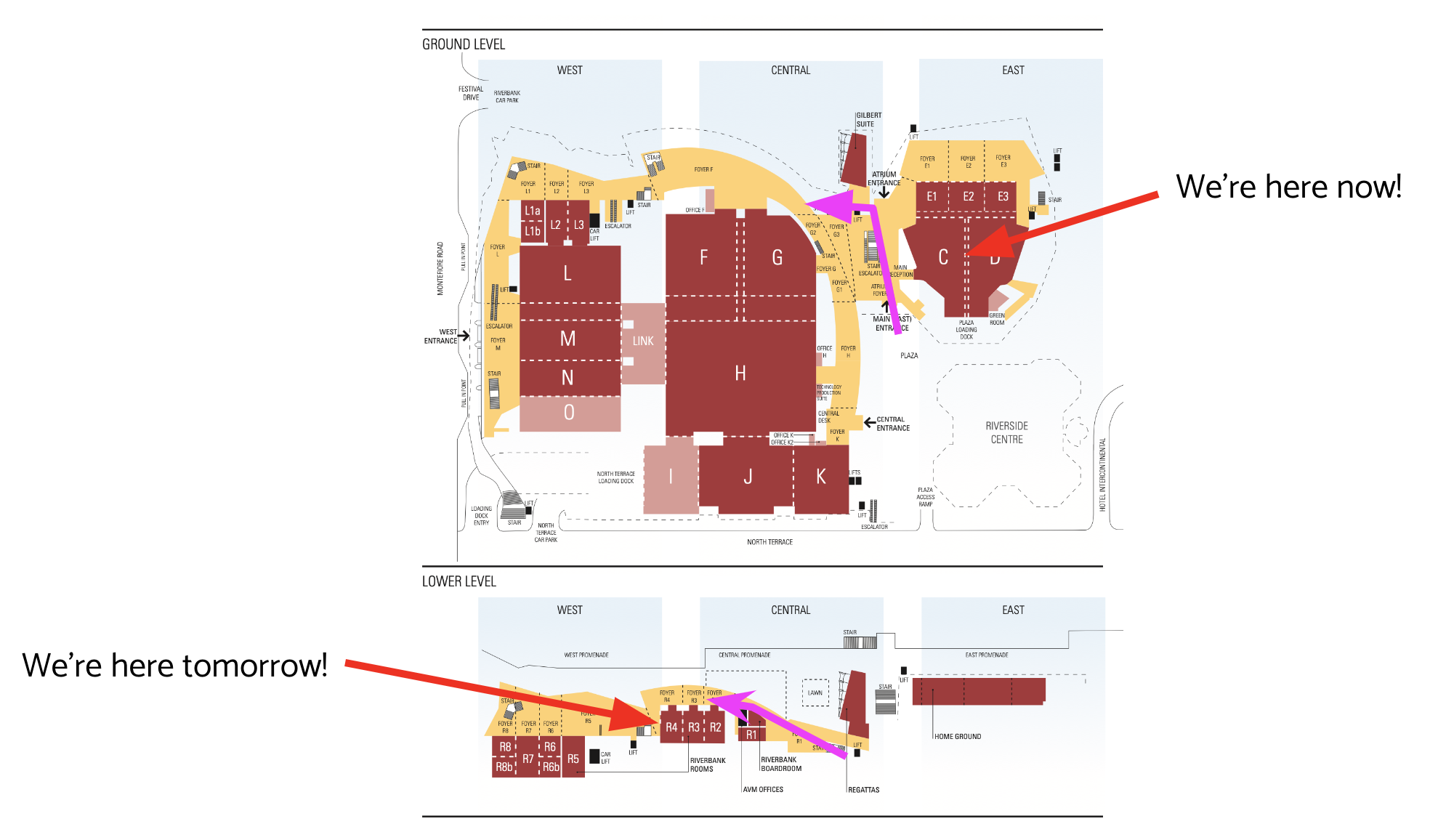 Venue map with directions to Riverbank rooms